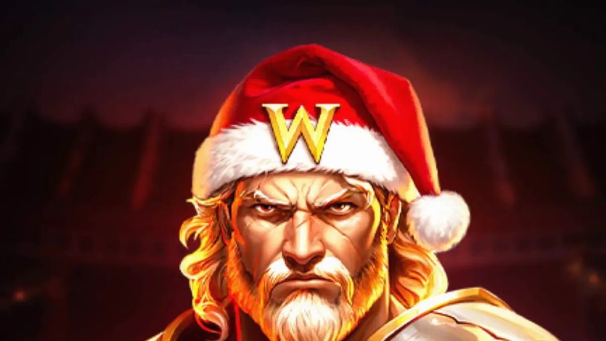 Frosty Rage slot game screen featuring a gladiator in a Santa hat