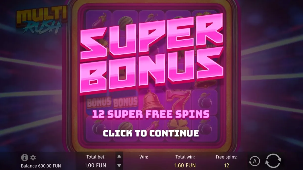 Tampilan layar slot Multi Rush dengan desain neon retro yang dioptimalkan untuk perangkat seluler