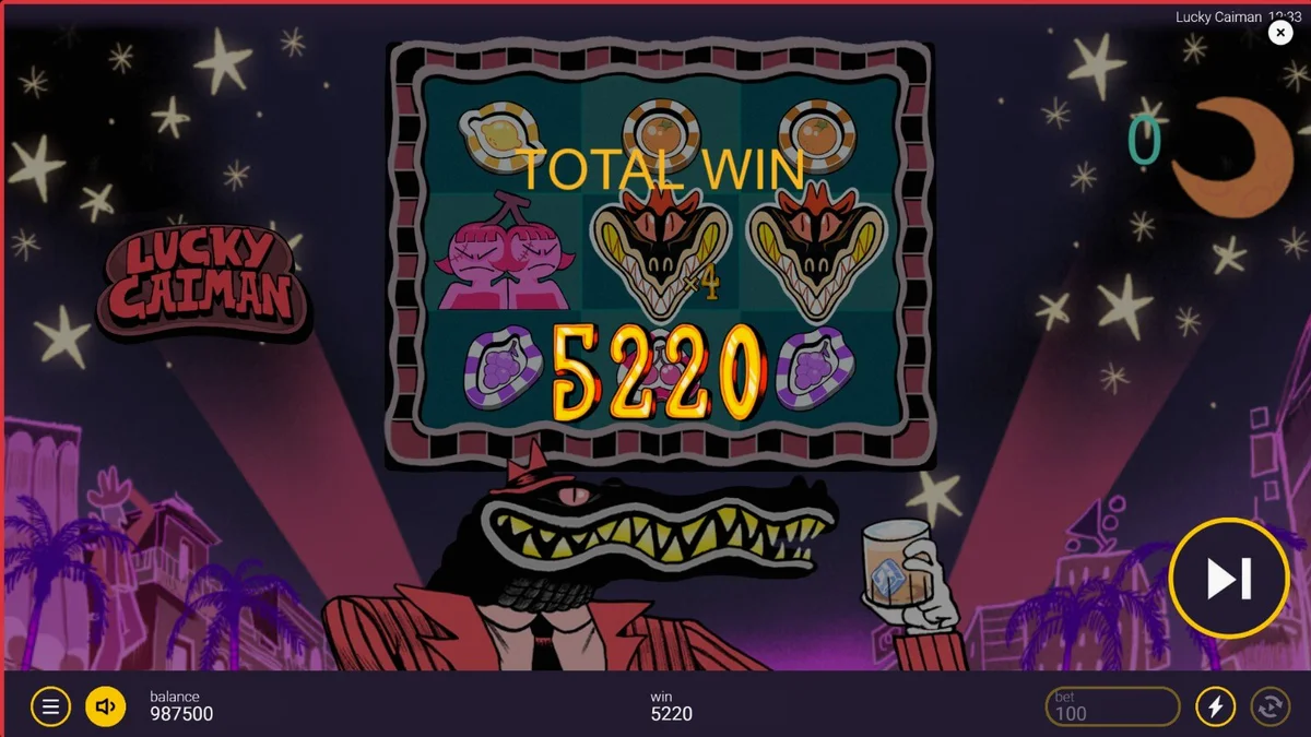 Tampilan visual slot Lucky Caiman dengan tema retro noir dan karakter buaya.