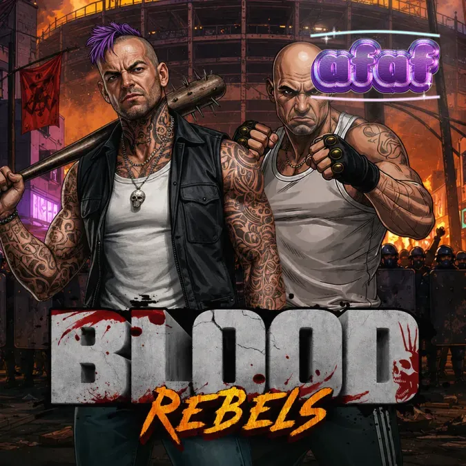 Tampilan visual slot Blood Rebels dengan tema pemberontakan jalanan yang kelam.